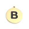 Picture of 304 Stainless Steel Charms Round Disc Gold Plated Black Initial Alphabet/ Capital Letter Message " K " Enamel 17mm x 15mm, 2 PCs