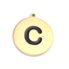 Picture of 304 Stainless Steel Charms Round Disc Gold Plated Black Initial Alphabet/ Capital Letter Message " K " Enamel 17mm x 15mm, 2 PCs