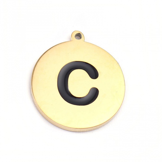 Image de Breloques en 304 Acier Inoxydable Rond Doré Noir Alphabet Initial/ Lettre Majuscule Gravé Mots" K " Émail 17mm x 15mm , 2 Pcs