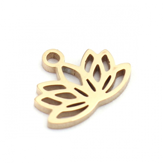 Immagine di 304 Acciaio Inossidabile Religione Charms Fiore Di Loto 18K Vero Oro Placcato Filigrana 10mm x 8mm, 2 Pz