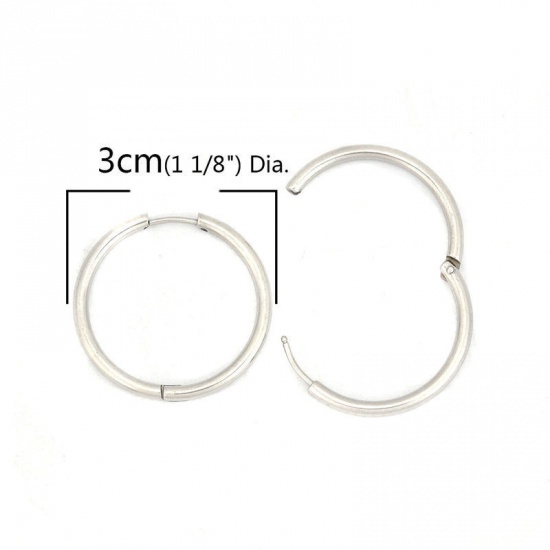 Picture of 304 Stainless Steel Hoop Earrings Silver Tone Round 28mm Dia., Post/ Wire Size: (18 gauge), 2 PCs