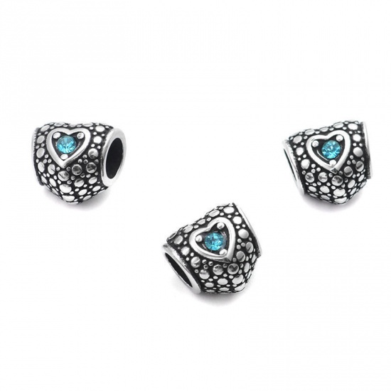 Picture of 1 Piece 304 Stainless Steel Valentine's Day European Style Large Hole Charm Beads Antique Silver Color Heart Dot Light Blue Rhinestone 11mm x 10mm, Hole: Approx 5mm