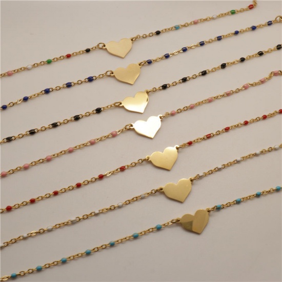 Picture of 304 Stainless Steel Bracelets Gold Plated Multicolor Enamel Heart 18cm(7 1/8") long, 1 Piece