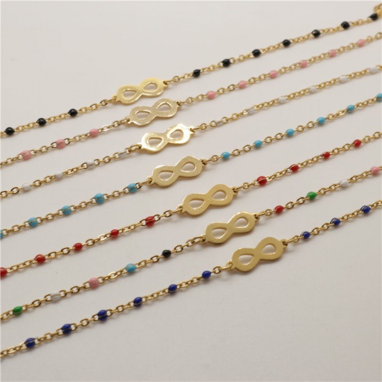 Picture of 304 Stainless Steel Bracelets Gold Plated White Enamel Infinity Symbol 18cm(7 1/8") long, 1 Piece