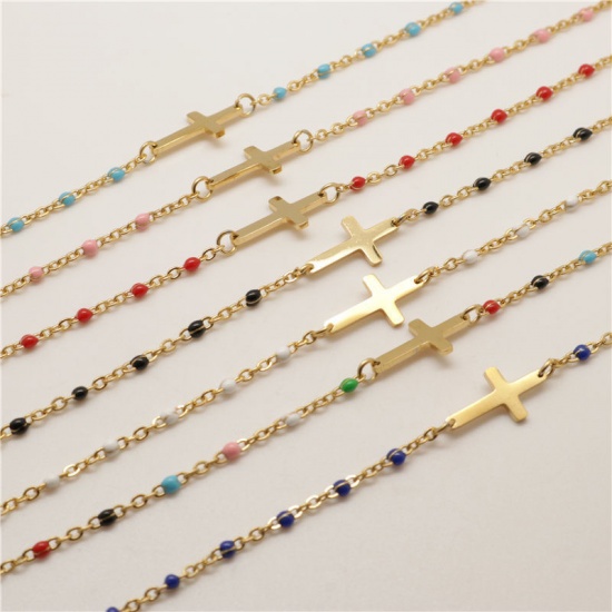 Picture of 304 Stainless Steel Bracelets Gold Plated White Enamel Cross 18cm(7 1/8") long, 1 Piece
