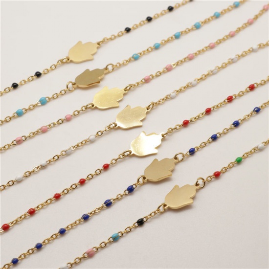 Picture of 304 Stainless Steel Bracelets Gold Plated Multicolor Enamel Hand 18cm(7 1/8") long, 1 Piece