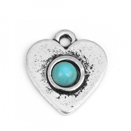 Picture of Zinc Based Alloy & Turquoise Boho Chic Bohemia Charms Half Moon Antique Silver Color Blue 17mm x 11mm, 10 PCs