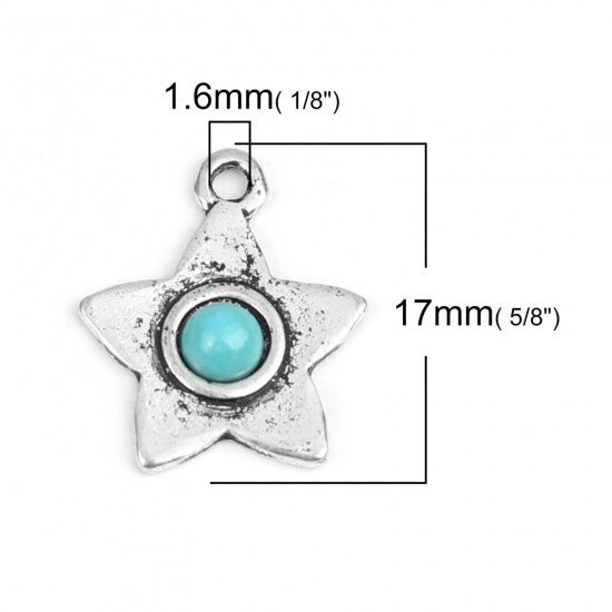 Picture of Zinc Based Alloy & Turquoise Boho Chic Bohemia Charms Pentagram Star Antique Silver Color Blue 17mm x 14mm, 10 PCs