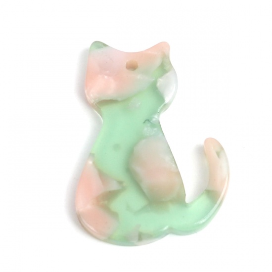Picture of Acetic Acid Resin Acetate Acrylic Acetimar Marble Charms Cat Animal Green & Light Pink 25mm x 17mm, 5 PCs