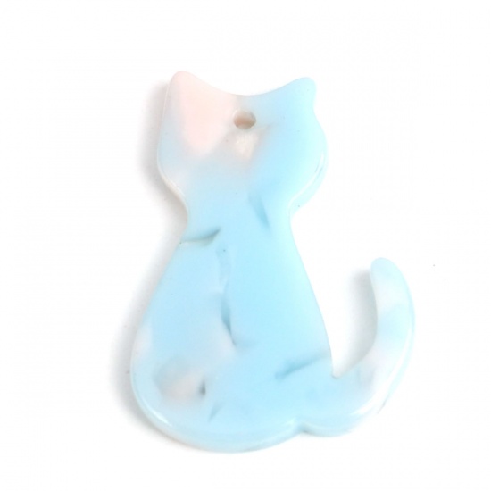 Picture of Acetic Acid Resin Acetate Acrylic Acetimar Marble Charms Cat Animal Light Blue & Light Pink 25mm x 17mm, 5 PCs