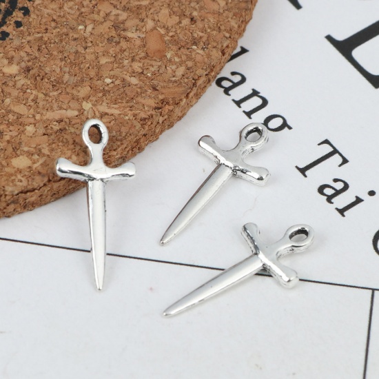 Picture of Zinc Based Alloy Charms Sword Silver Plated 21mm x 10mm, 100 PCs