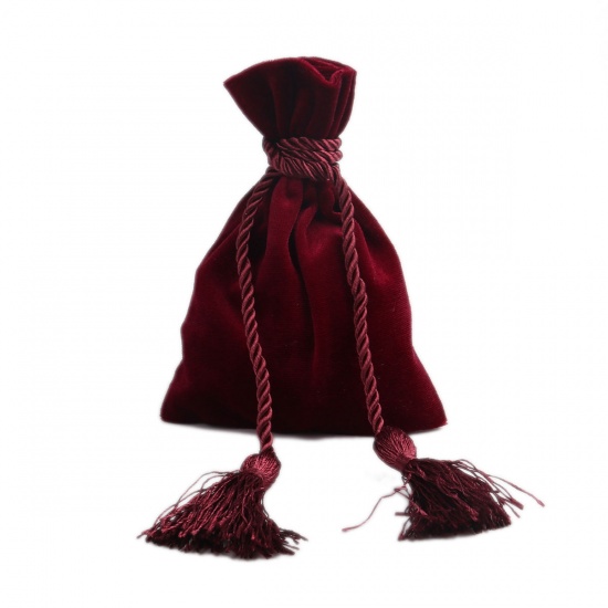 Image de Sachet avec Cordon de Serrage en Velvet Forme Rectangle Vin Rouge Franges 14.5cm x 11cm, 1 Pièce