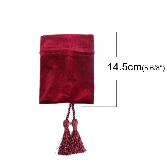 Picture of Velvet Drawstring Bags Rectangle Wine Red Tassel 14.5cm x 11cm, 1 Piece