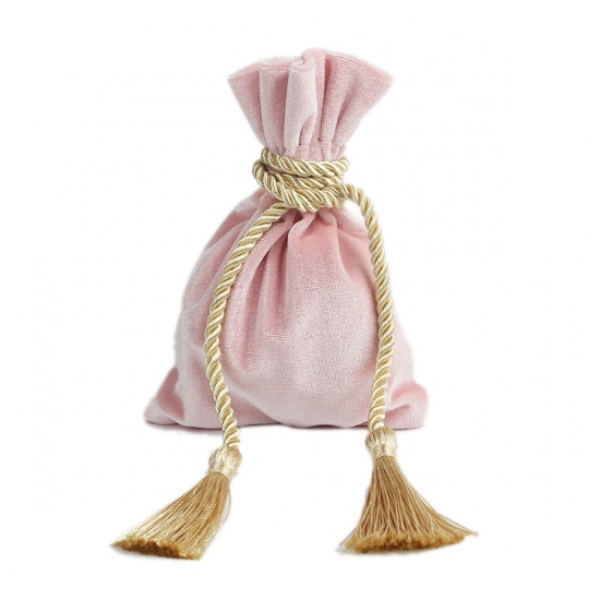 Picture of Velvet Drawstring Bags Rectangle Light Pink Tassel 14.5cm x 11cm, 1 Piece