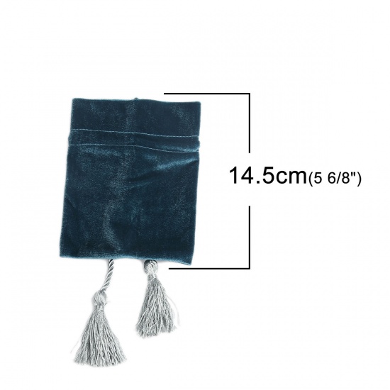 Picture of Velvet Drawstring Bags Rectangle Ink Blue Tassel 14.5cm x 11cm, 1 Piece