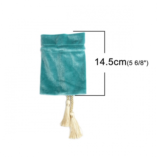 Picture of Velvet Drawstring Bags Rectangle Light Lake Blue Tassel 14.5cm x 11cm, 1 Piece