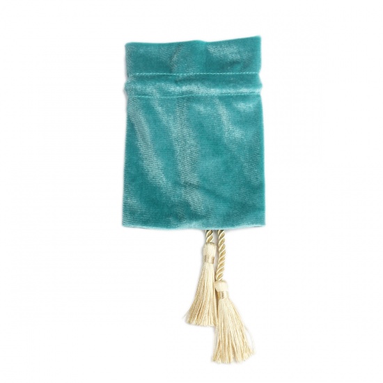 Picture of Velvet Drawstring Bags Rectangle Light Lake Blue Tassel 14.5cm x 11cm, 1 Piece