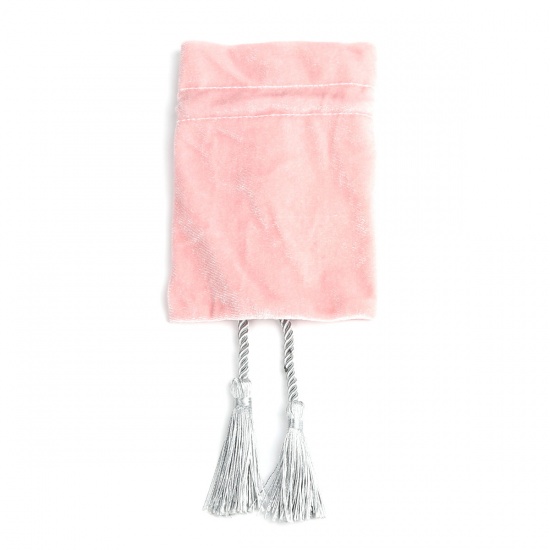 Picture of Velvet Drawstring Bags Rectangle Light Pink Tassel 14.5cm x 11cm, 1 Piece