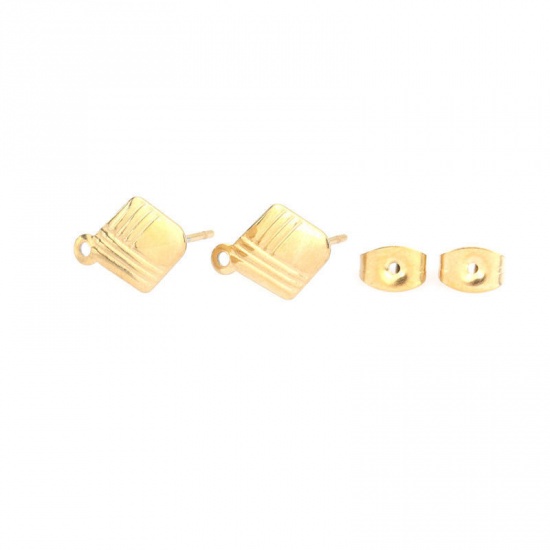 Picture of 304 Stainless Steel Ear Post Stud Earrings Leaf Gold Plated W/ Loop 14mm x 11mm, Post/ Wire Size: (21 gauge), 6 PCs
