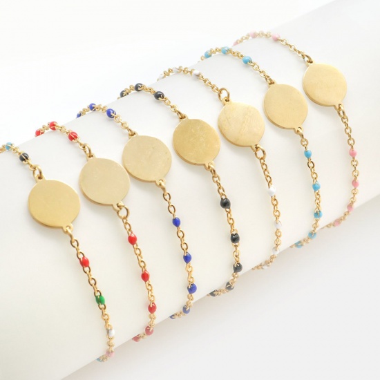 Picture of 1 Set Vacuum Plating 304 Stainless Steel Bracelets Gold Plated Round Enamel 18cm(7 1/8") long