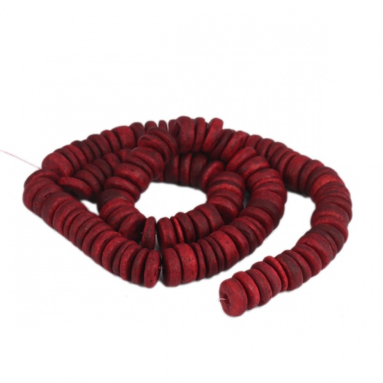 Picture of Wood Spacer Beads Flat Round Deep Red About 10mm Dia., Hole: Approx 1.9mm, 39cm(15 3/8") long, 1 Strand (Approx 112 PCs/Strand)
