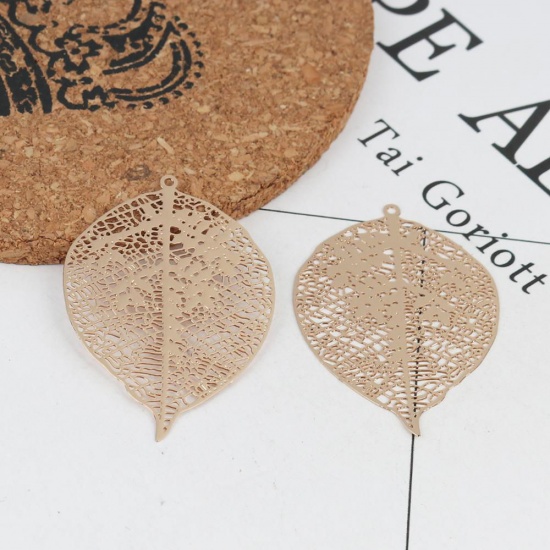 Picture of Brass Filigree Stamping Pendants Silver Tone Leaf 5.5cm x 2.4cm, 10 PCs                                                                                                                                                                                       