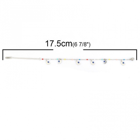 Изображение Нержавеющая Сталь Браслеты Серебряный Тон Разноцветный Луна половина Звезда С Эмалью 17.5см Длина, 1 ШТ