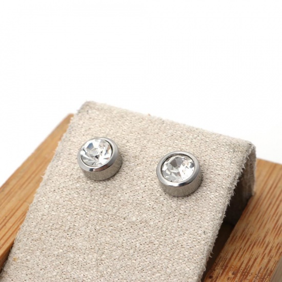 Image de Boucles d'Oreilles Puces en 304 Acier Inoxydable Argent Mat Rond Zircone Cubique Clair 4mm Dia., Epaisseur de Fil: (21 gauge), 1 Paire