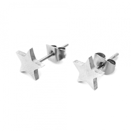 Picture of 304 Stainless Steel Ear Post Stud Earrings Silver Tone Half Moon Star 8mm x 5mm - 6mm x 6mm, Post/ Wire Size: (21 gauge), 1 Pair