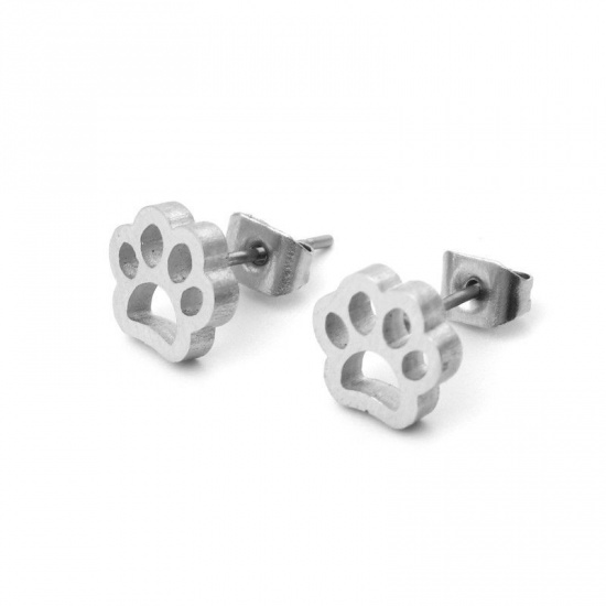 Picture of 304 Stainless Steel Ear Post Stud Earrings Silver Tone Cat Animal 8mm x 8mm, Post/ Wire Size: (21 gauge), 1 Pair