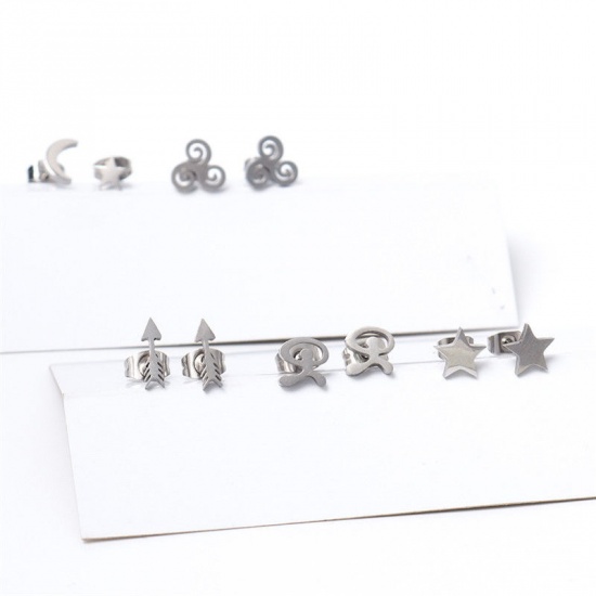 Picture of 304 Stainless Steel Ear Post Stud Earrings Silver Tone Cat Animal 8mm x 8mm, Post/ Wire Size: (21 gauge), 1 Pair