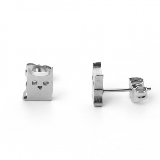 Picture of 304 Stainless Steel Ear Post Stud Earrings Silver Tone Cat Animal 8mm x 7mm, Post/ Wire Size: (21 gauge), 1 Pair