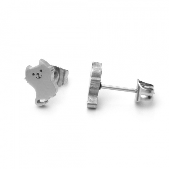 Picture of 304 Stainless Steel Ear Post Stud Earrings Silver Tone Cat Animal 8mm x 7mm, Post/ Wire Size: (21 gauge), 1 Pair