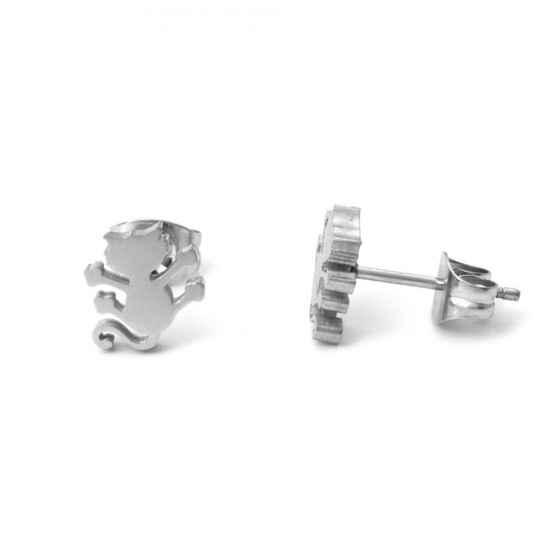 Picture of 304 Stainless Steel Ear Post Stud Earrings Silver Tone Cat Animal 8mm x 6mm, Post/ Wire Size: (21 gauge), 1 Pair