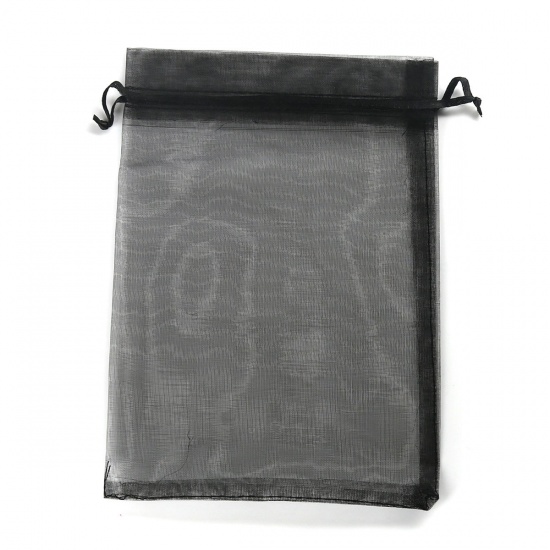 Picture of Wedding Gift Organza Jewelry Bags Drawstring Rectangle Black (Usable Space: 15.5x12.5cm) 17.5cm x 12.8cm, 20 PCs