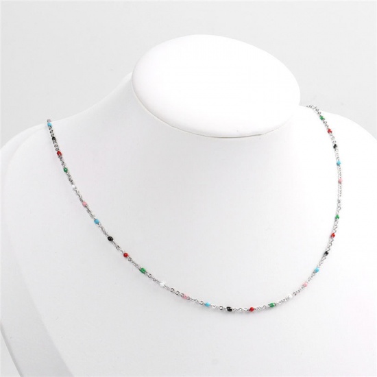 Picture of 304 Stainless Steel Link Cable Chain Necklace Silver Tone Red Enamel 45cm(17 6/8") long, 1 Piece