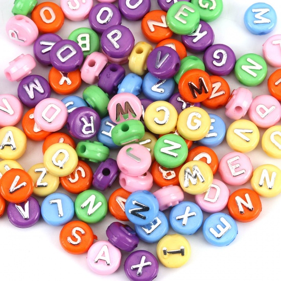Picture of Acrylic Beads Flat Round At Random Initial Alphabet/ Capital Letter Pattern About 10mm Dia., Hole: Approx 2.2mm, 100 PCs