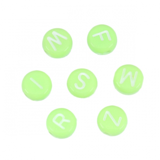 Изображение Акриловые Бусины Плоские Круглые, Случайно Зеленый с узором Заглавная буква 7мм диаметр, Отверстие:примерно 1.7мм, 500 ШТ