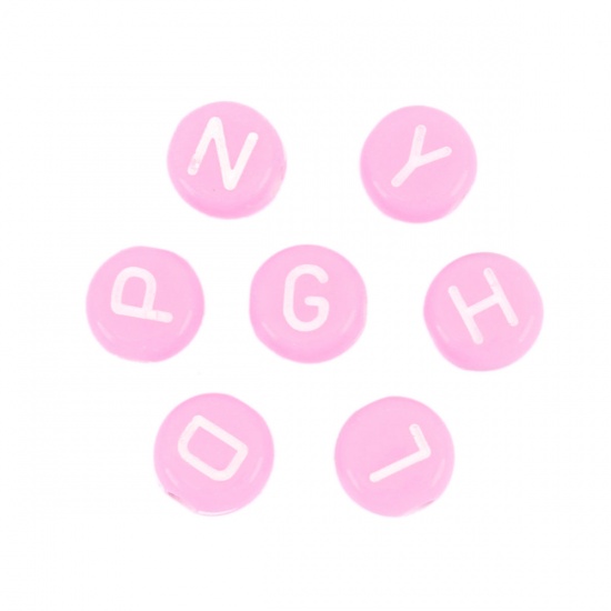 Изображение Акриловые Бусины Плоские Круглые, Случайно Светло-розовый с узором Заглавная буква 7мм диаметр, Отверстие:примерно 1.7мм, 500 ШТ