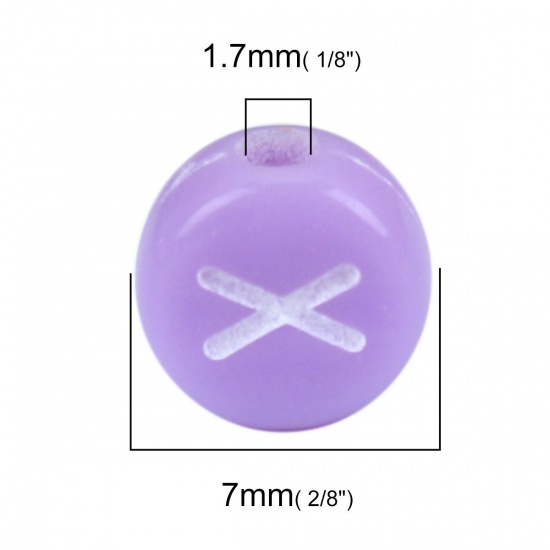 Изображение Акриловые Бусины Плоские Круглые, Случайно Фиолетовый с узором Заглавная буква 7мм диаметр, Отверстие:примерно 1.7мм, 500 ШТ