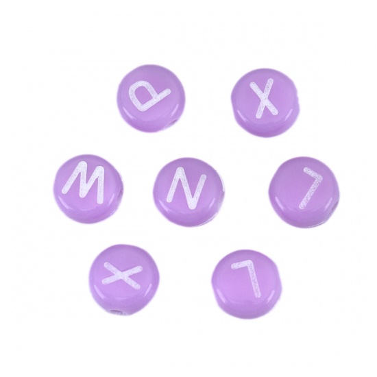 Изображение Акриловые Бусины Плоские Круглые, Случайно Фиолетовый с узором Заглавная буква 7мм диаметр, Отверстие:примерно 1.7мм, 500 ШТ