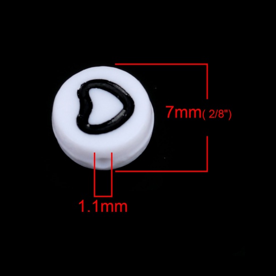Изображение Акриловые Бусины Плоские Круглые, Белый с узором Сердце 7мм диаметр, Отверстие:примерно 1.1мм, 500 ШТ