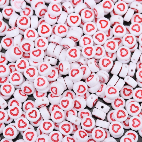 Изображение Акриловые Бусины Плоские Круглые, Белый & Красный с узором Сердце 7мм диаметр, Отверстие:примерно 1.1мм, 500 ШТ