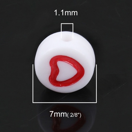 Изображение Акриловые Бусины Плоские Круглые, Белый & Красный с узором Сердце 7мм диаметр, Отверстие:примерно 1.1мм, 500 ШТ