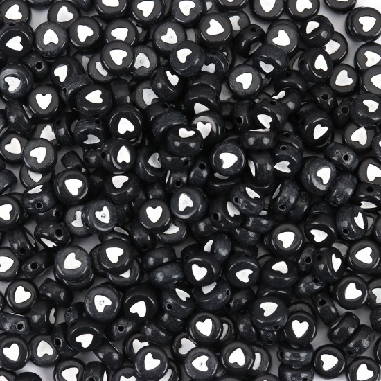 Изображение Акриловые Бусины Плоские Круглые, Черный с узором Сердце 7мм диаметр, Отверстие:примерно 1.1мм, 500 ШТ