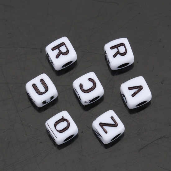 Picture of Acrylic Beads Square At Random Black & White Initial Alphabet/ Capital Letter Pattern About 5mm x 5mm, Hole: Approx 2.1mm, 500 PCs