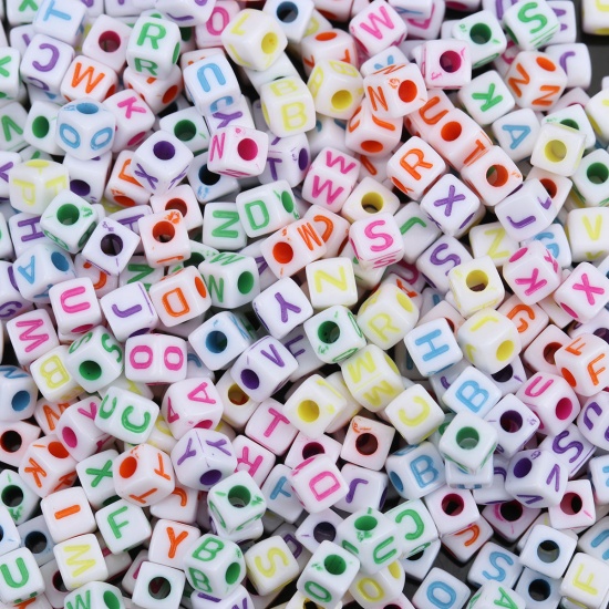 Picture of Acrylic Beads Square At Random Initial Alphabet/ Capital Letter Pattern About 5mm x 5mm, Hole: Approx 2.1mm, 500 PCs