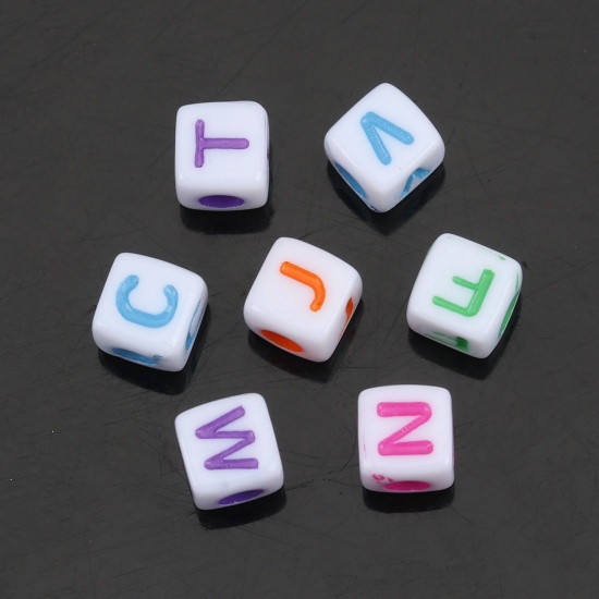 Picture of Acrylic Beads Square At Random Initial Alphabet/ Capital Letter Pattern About 5mm x 5mm, Hole: Approx 2.1mm, 500 PCs