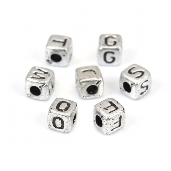 Picture of Acrylic Beads Square At Random Silver Initial Alphabet/ Capital Letter Pattern About 5mm x 5mm, Hole: Approx 2.1mm, 500 PCs