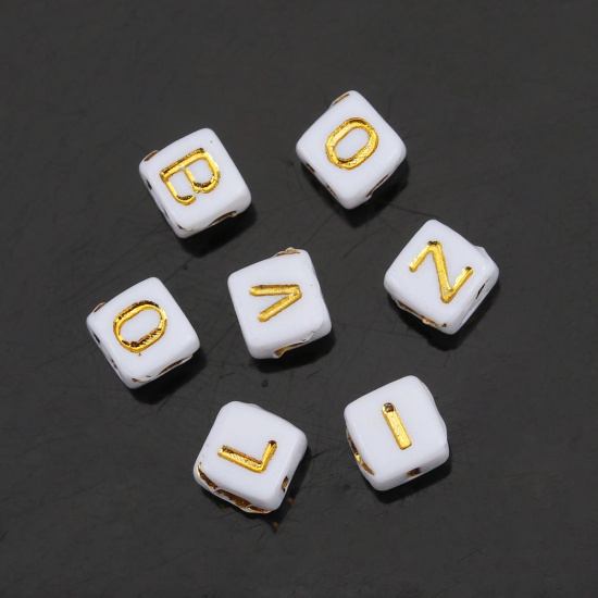 Picture of Acrylic Beads Square At Random Golden Initial Alphabet/ Capital Letter Pattern About 5mm x 5mm, Hole: Approx 2.1mm, 500 PCs